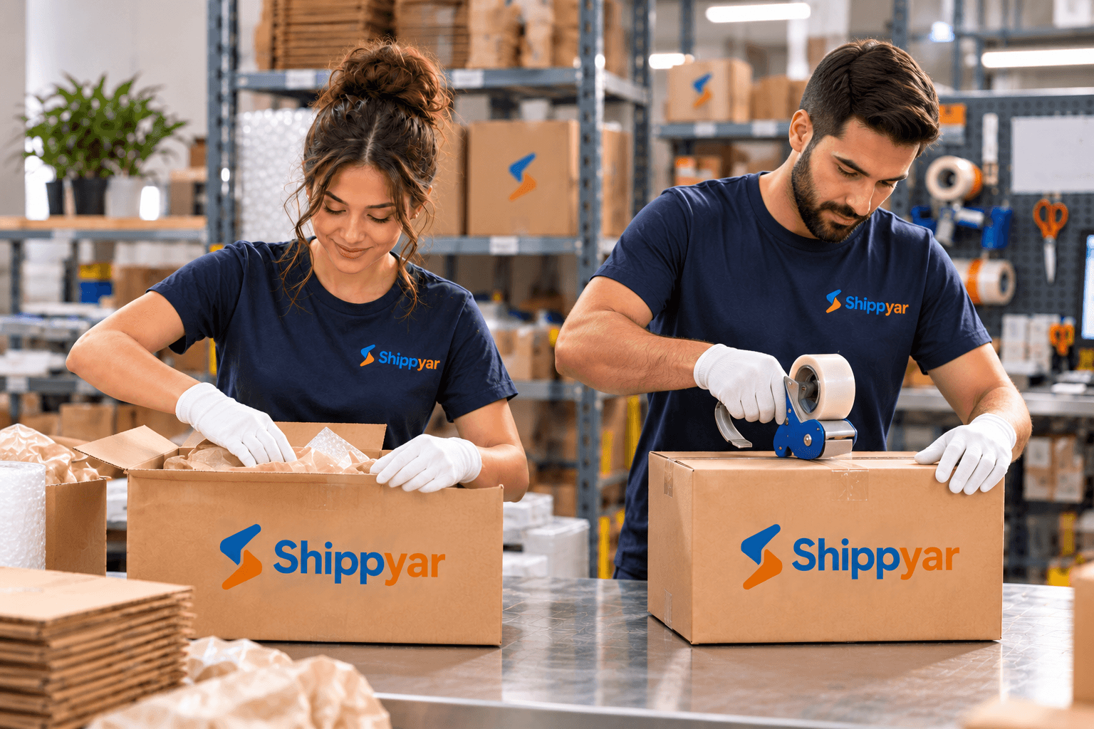 Shippyar staff protect the contents of one parcel and tape another for shipping