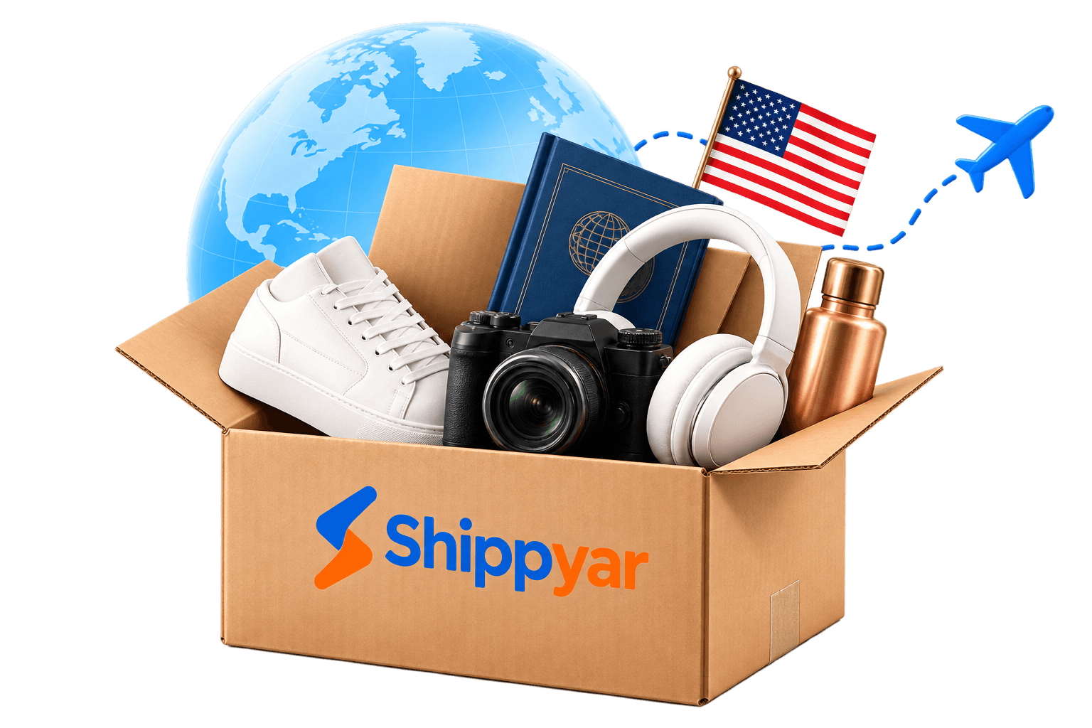 A Shippyar carton with shopping items from US stores