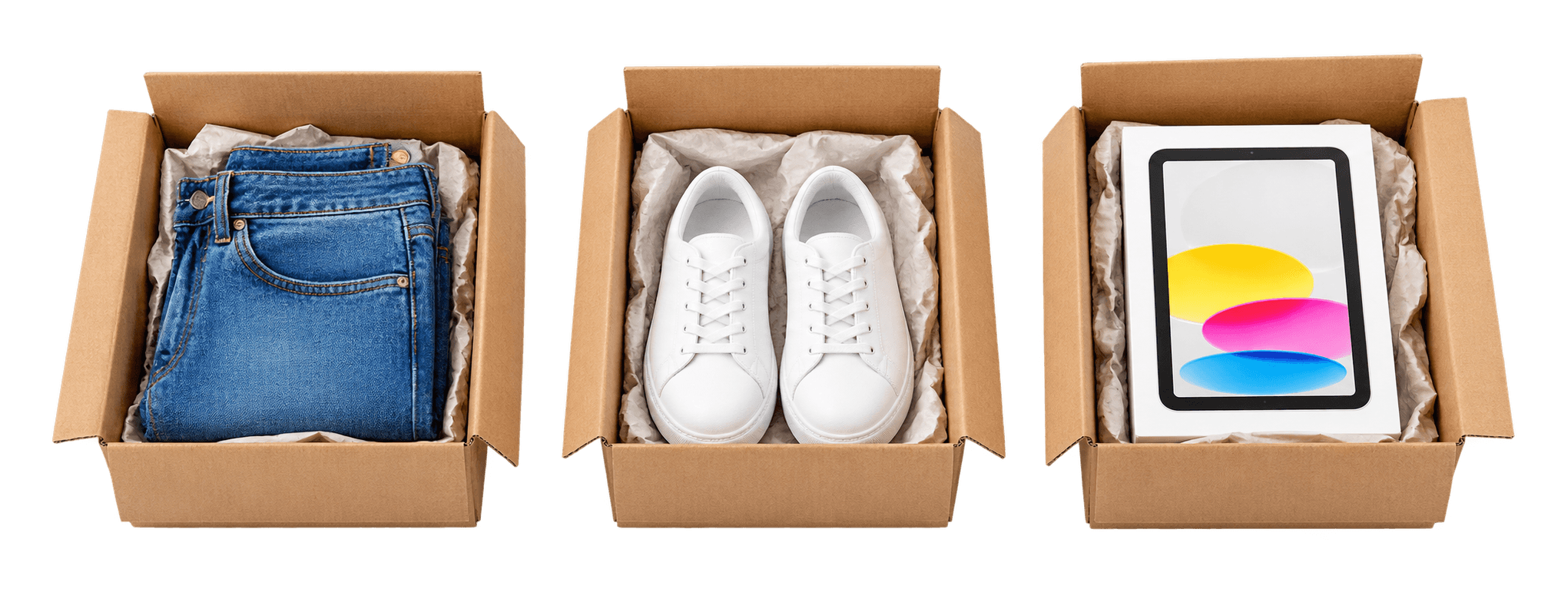 Jeans, shoes and a tablet box in three separate cartons