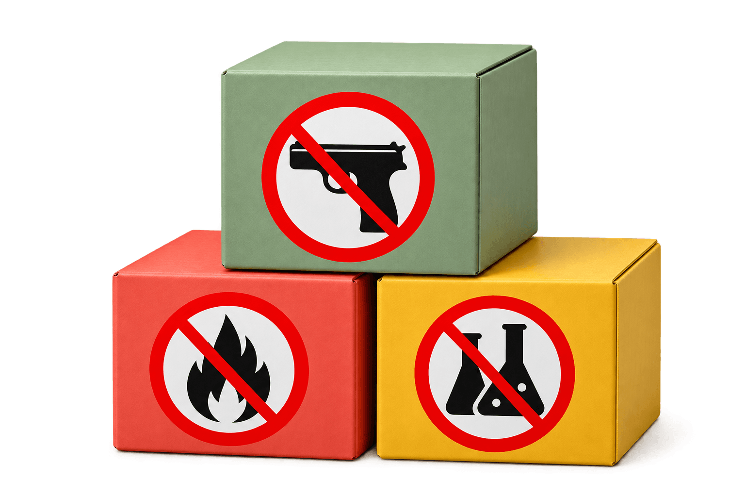 Green, red and yellow packages marked with prohibition symbols for weapons, flammables and chemicals