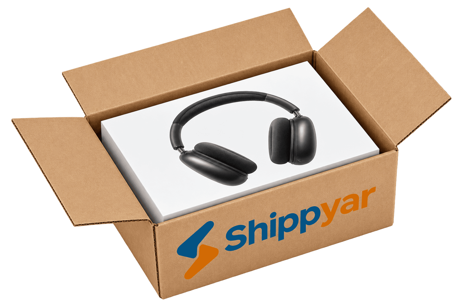 The same headphone retail box snugly fitted in a smaller Shippyar carton