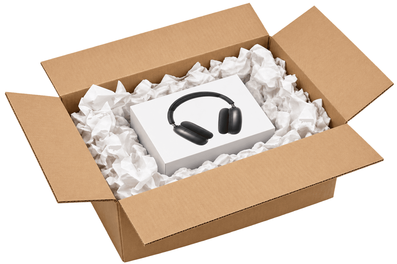 A small headphone retail box inside an oversized carton with excess packing paper